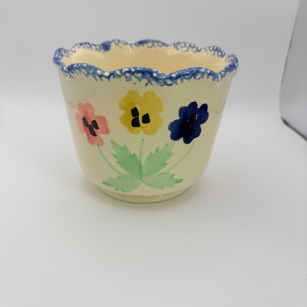 World Bazaars Ceramic Planter Cream Blue Floral Scalloped Rim Hand Painted